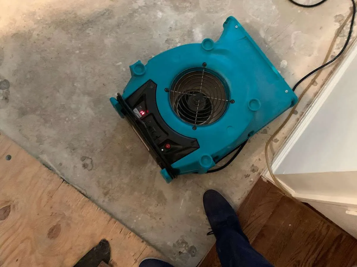 Air mover drying subfloor during Leak Detection & Repair in Harrietstown
